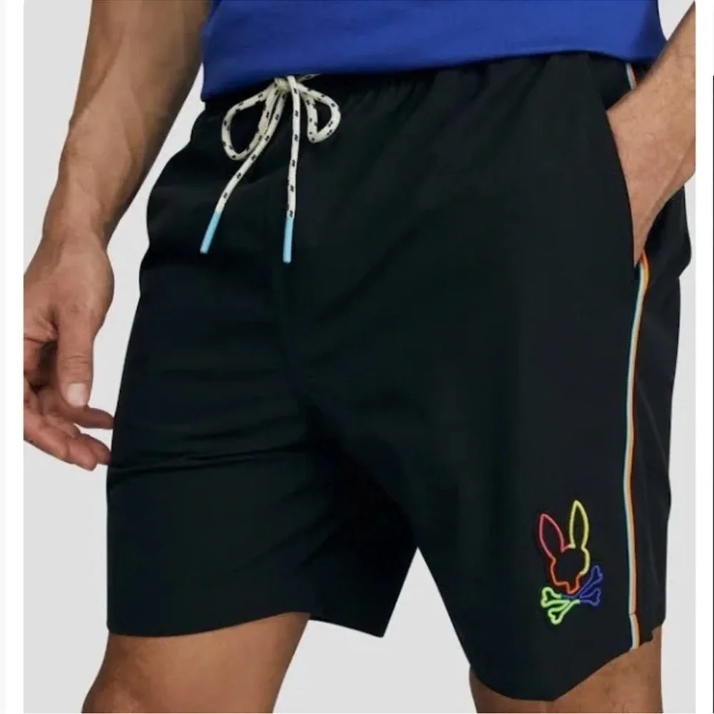 NWOT Psycho Bunny Leo Hydrochromic Swim Trunks Boys 14/16 - Black Neon Logo